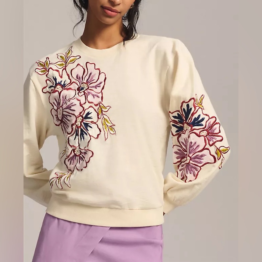 NWOT Anthropologie Applique Flower Sweatshirt size XXS